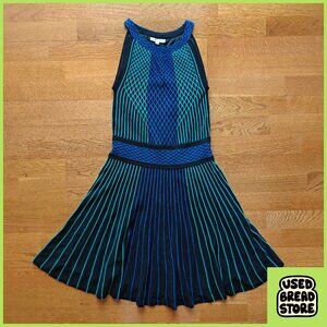 Ribbed Stretchy Midi Halter Dress Women's S Black Teal Blue Geometric Cavalli